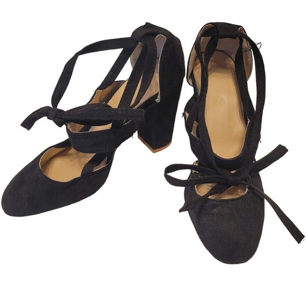 Black Suede Lace Up Block Heel Dress Shoes Sz 8.5 EU 39 Women’s Round Toe Pumps - Picture 1 of 9